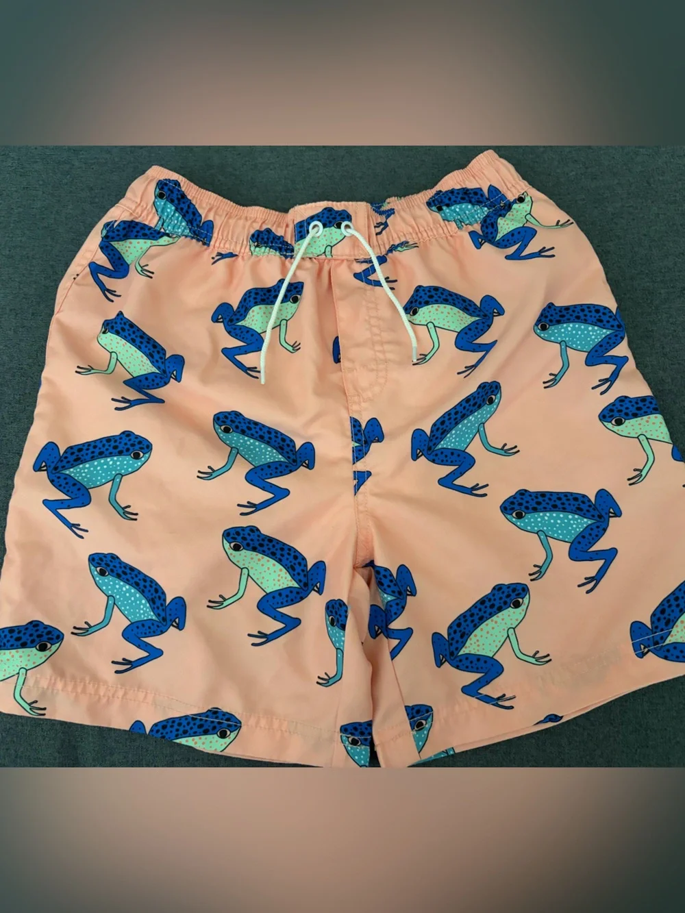 Tea Collection Peach Swim Trunks with Blue & Aqua Frog Print